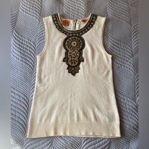 Tory Burch cashmere sleeveless top with hand detailed beadwork. Size M